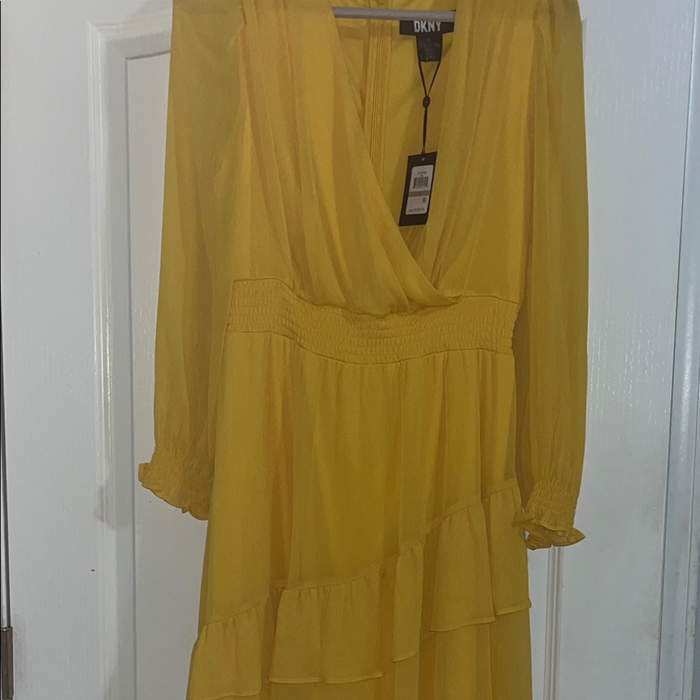 DKNY Yellow Tiered Wrap Dress with Bishop Sleeves